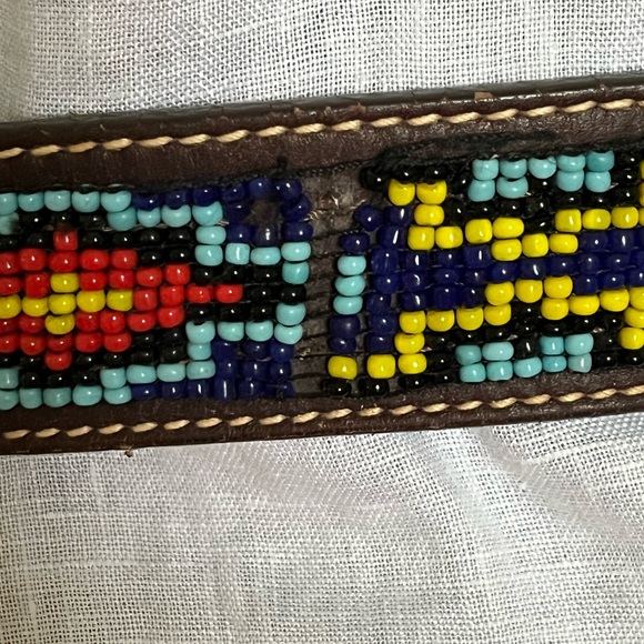 J Crew Native American Beaded Leather Belt Brass Buckle Blue Red Yellow Beads - Picture 5 of 12